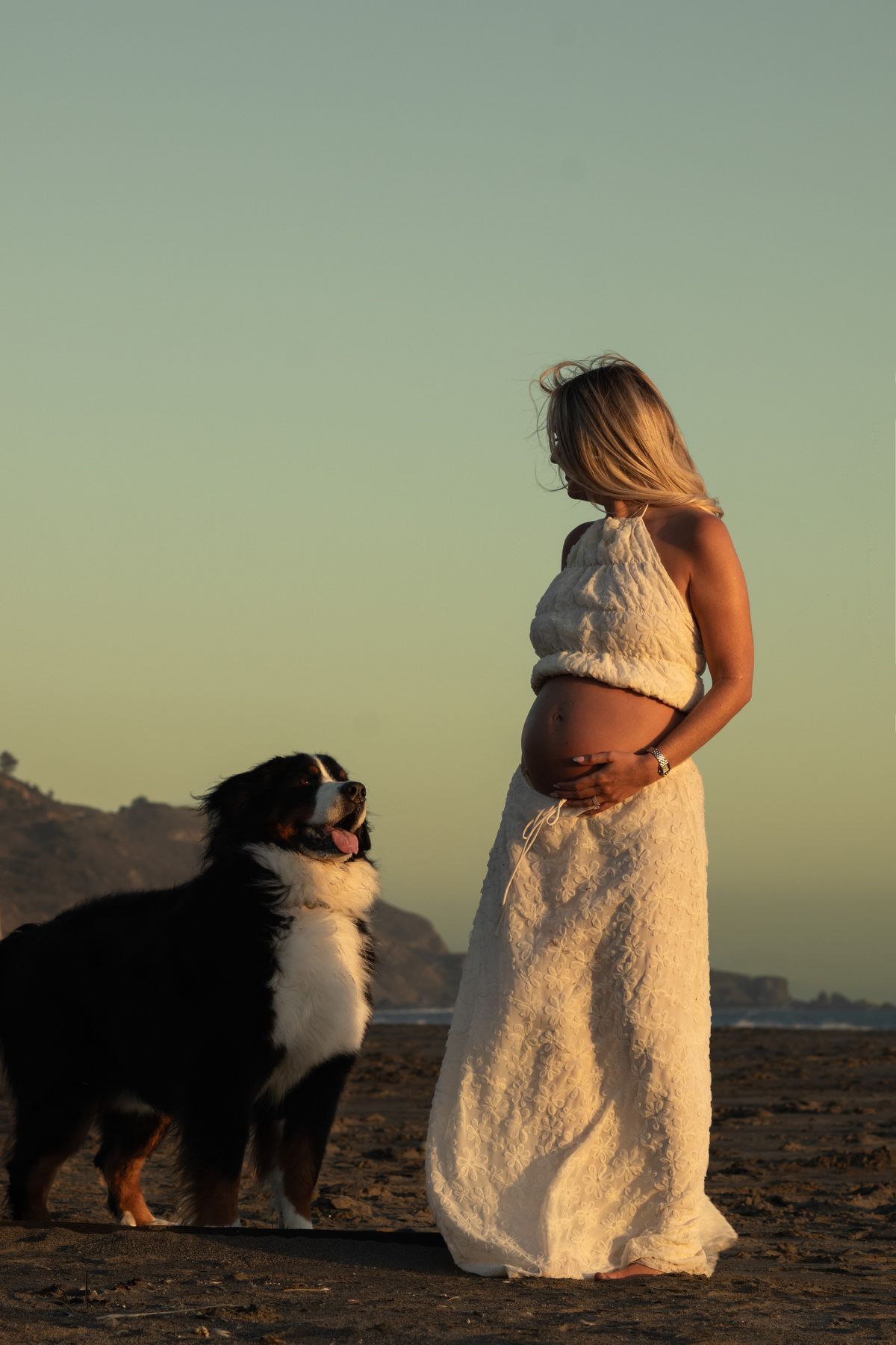 Expecting mother with her dog on the beach at dusk